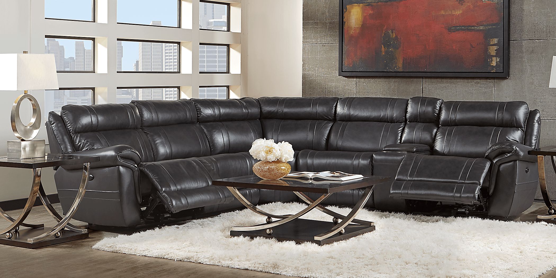Martino 9 Pc Black Leather Manual Reclining Sectional Living Room