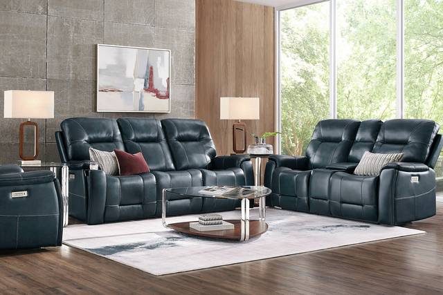 Matthews Cove Blue Leather 5 Pc Triple Power Reclining Living Room - Thumbnail - Image 1