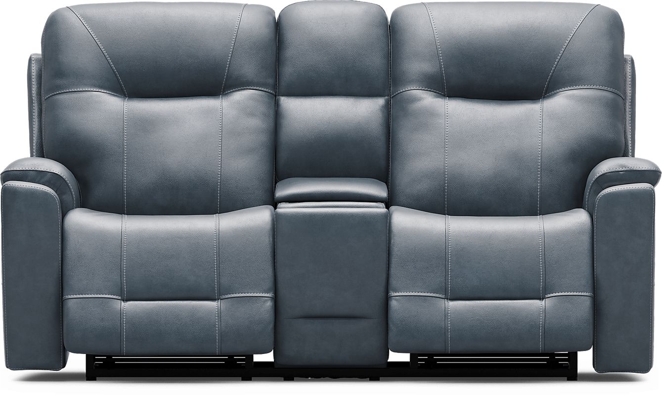 Matthews Cove Blue Leather Triple Power Reclining Console Loveseat