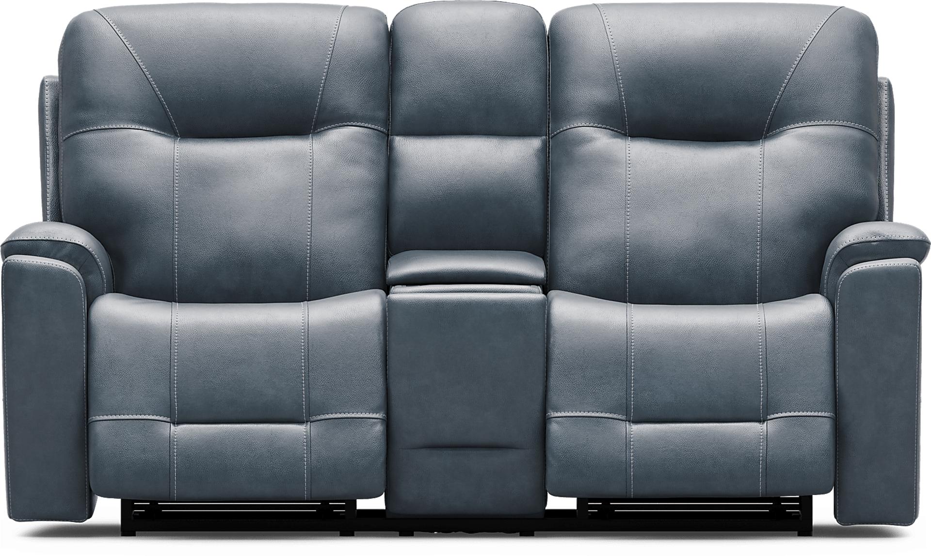Matthews Cove Blue Leather Triple Power Reclining Console Loveseat