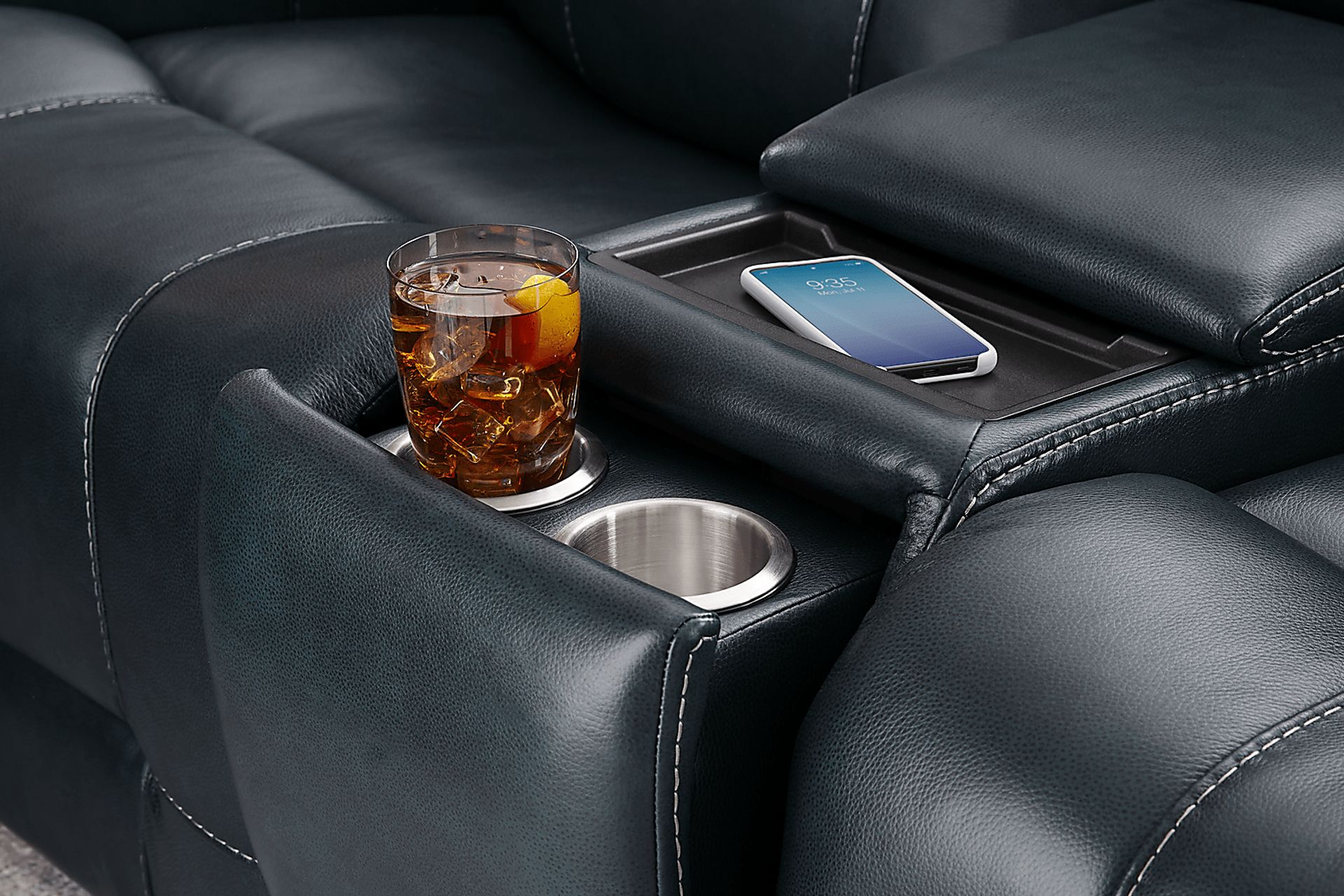 Matthews Cove Blue Leather Triple Power Reclining Console Loveseat - Image 6