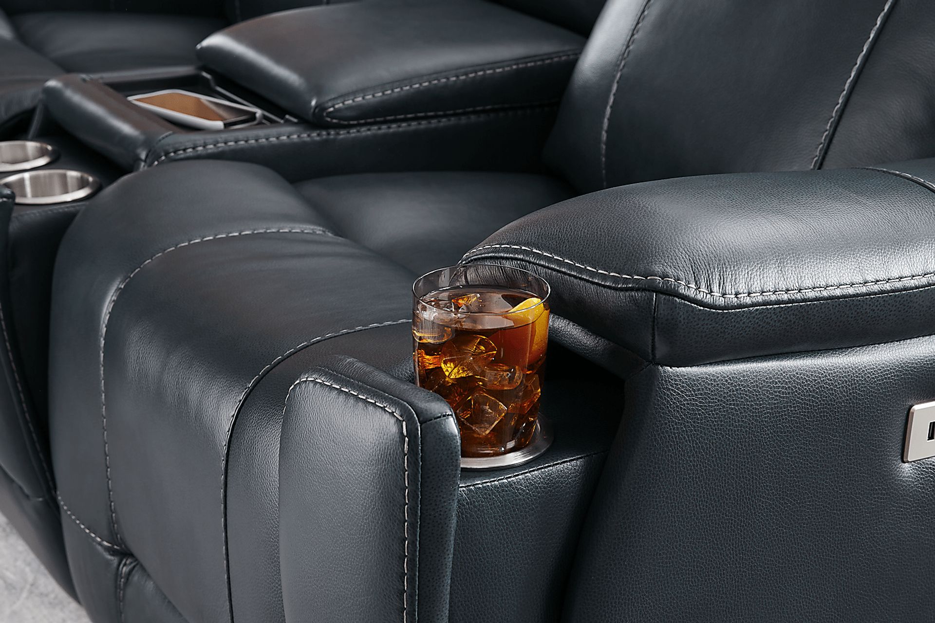 Matthews Cove Blue Leather Triple Power Reclining Console Loveseat - Image 8