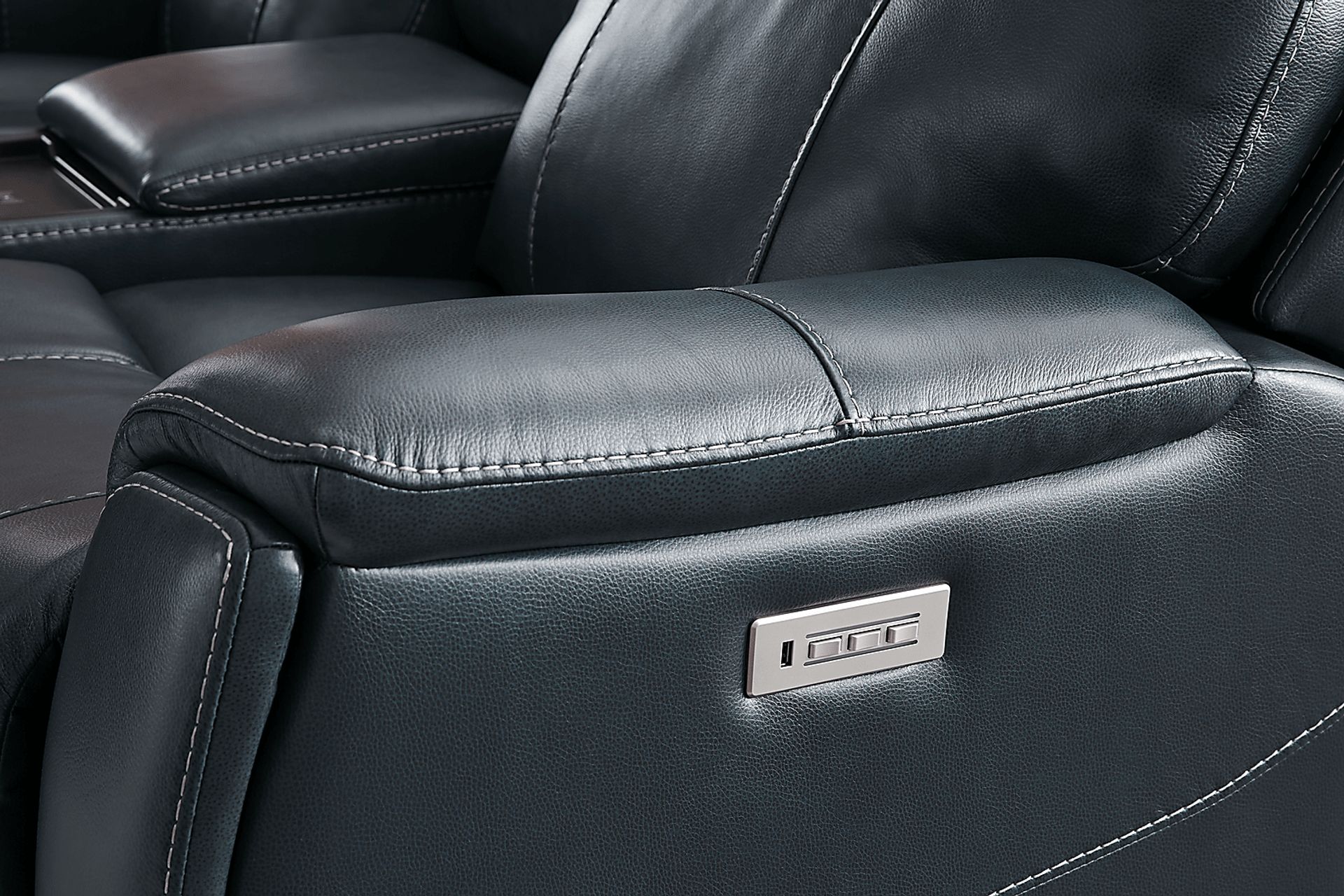 Matthews Cove Blue Leather Triple Power Reclining Console Loveseat - Image 9