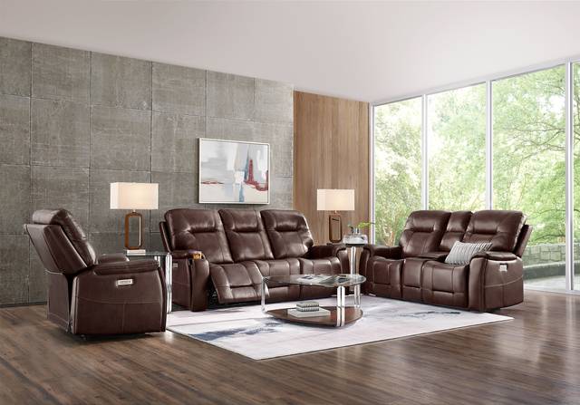 Matthews Cove Brown Leather Triple Power Reclining Sofa - Thumbnail - Image 2