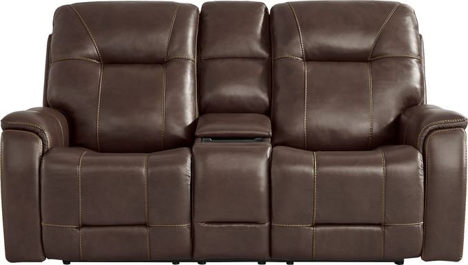 Matthews Cove Brown Leather Triple Power Reclining Console Loveseat
