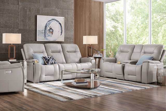 Matthews Cove Dove Gray Leather Triple Power Reclining Sofa - Thumbnail - Image 2