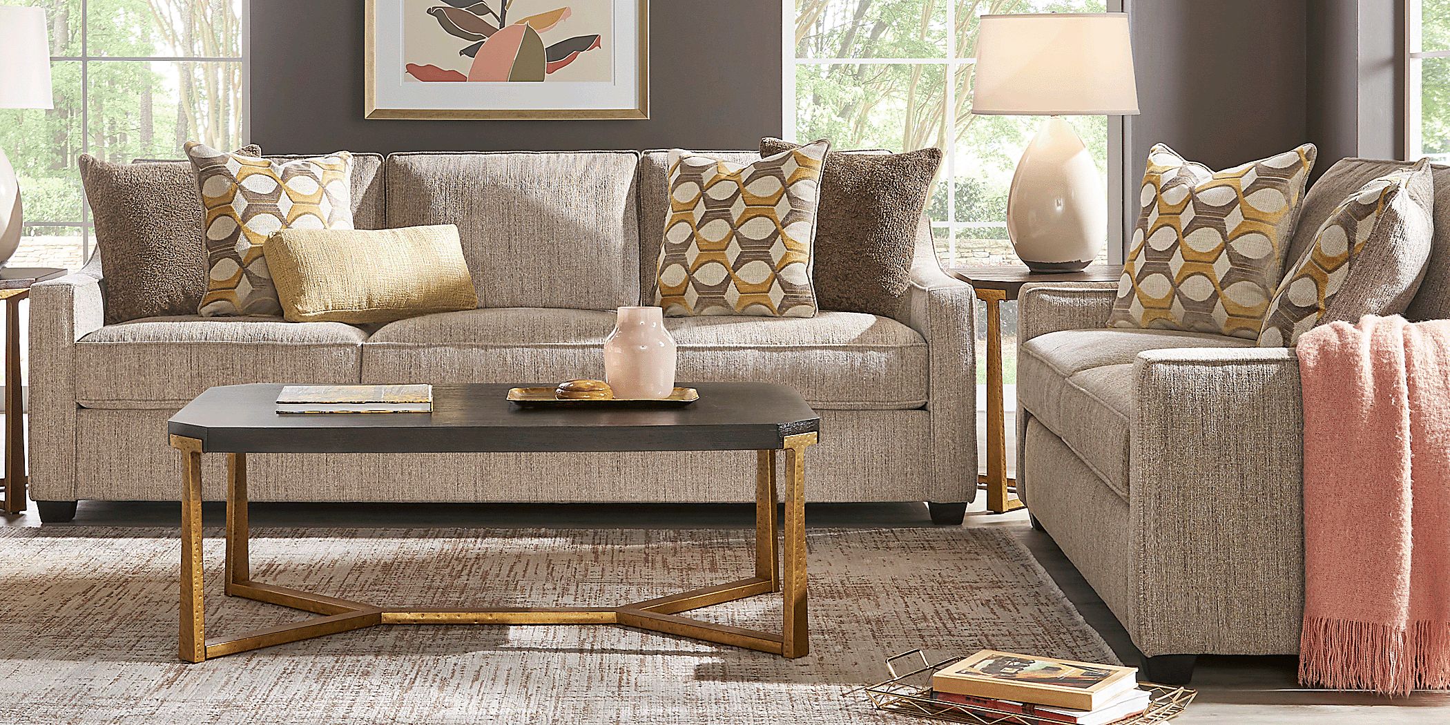 Maywell Court 5 Pc Brown Polyester Fabric Living Room Set With Sofa Loveseat 3 Table Rooms To Go