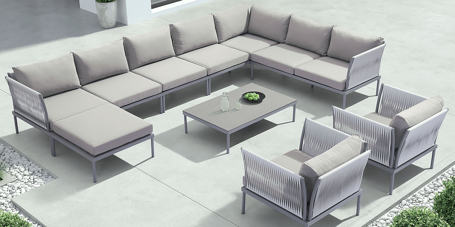 Mazo Beach Taupe Outdoor Sectional with Chairs - Image 1