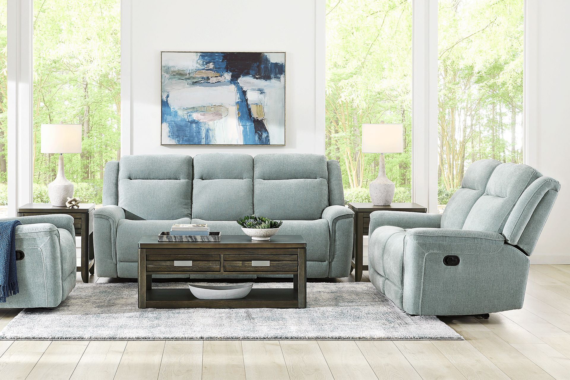 Meadow Park Seafoam 7 Pc Living Room with Dual Power Reclining Sofa - Image 1