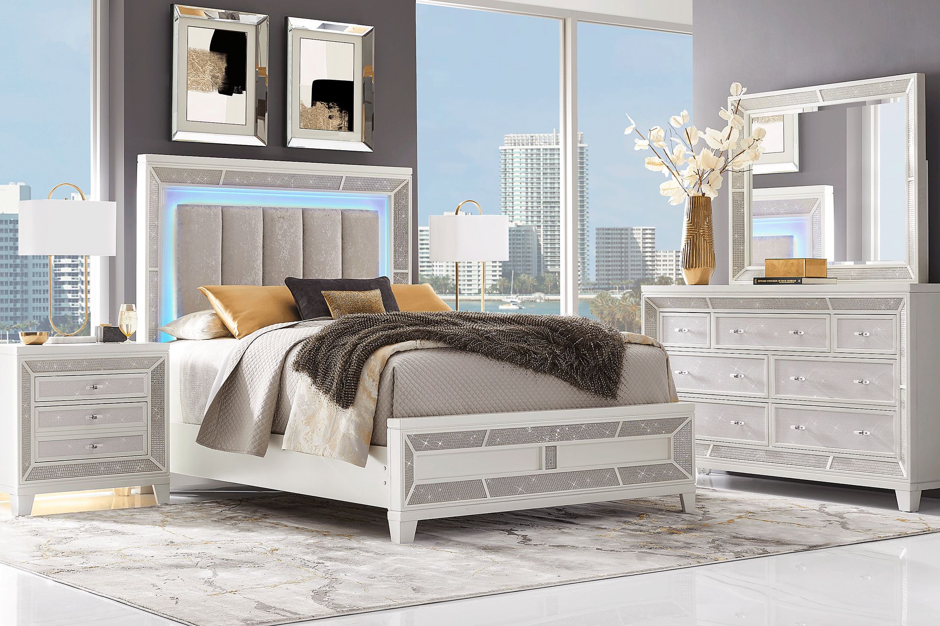 Melrose White 7 Pc Queen Upholstered Bedroom - Image 1