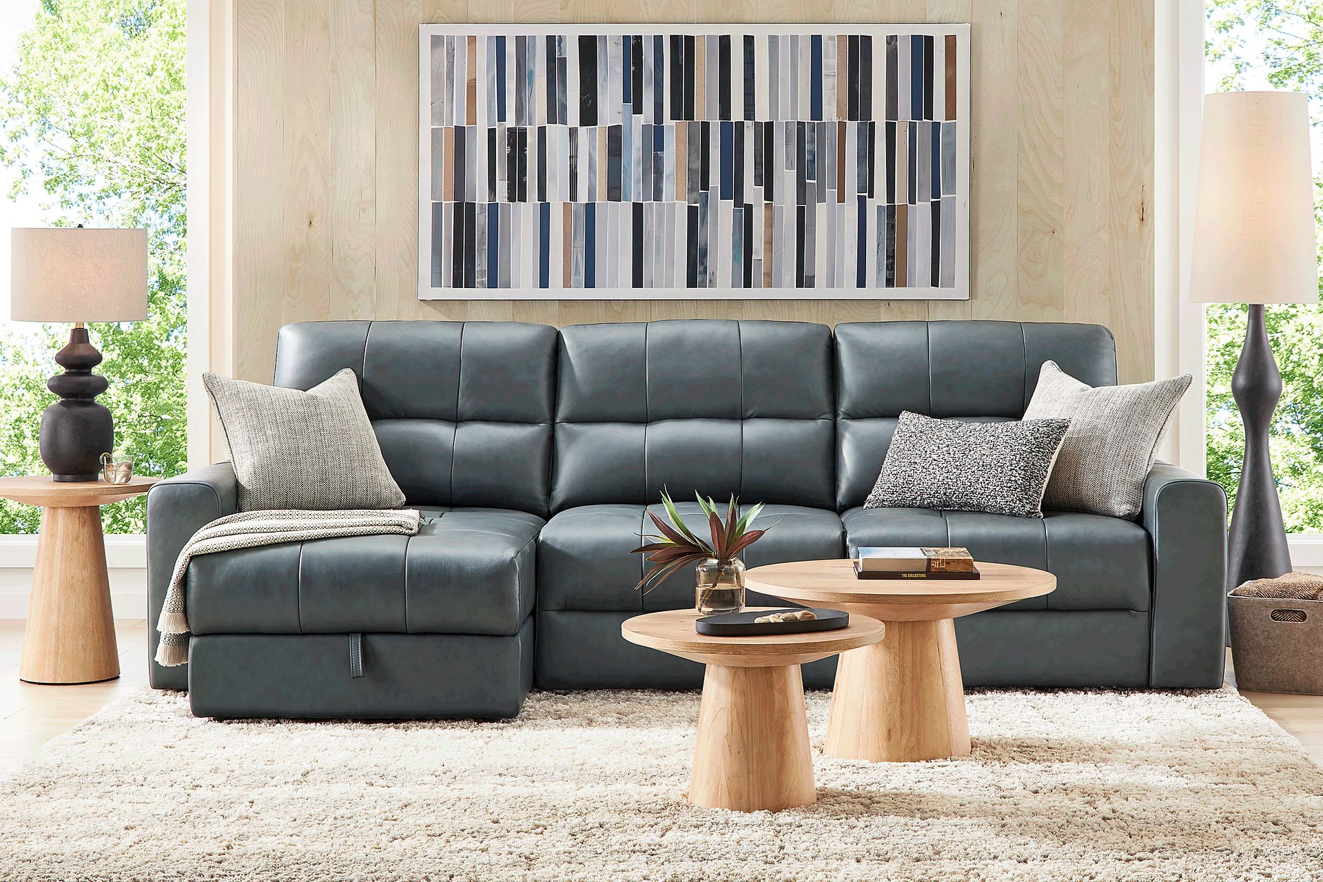 Meriwether Slate Blue Leather 3 Pc Power Slider Sectional - Image 2