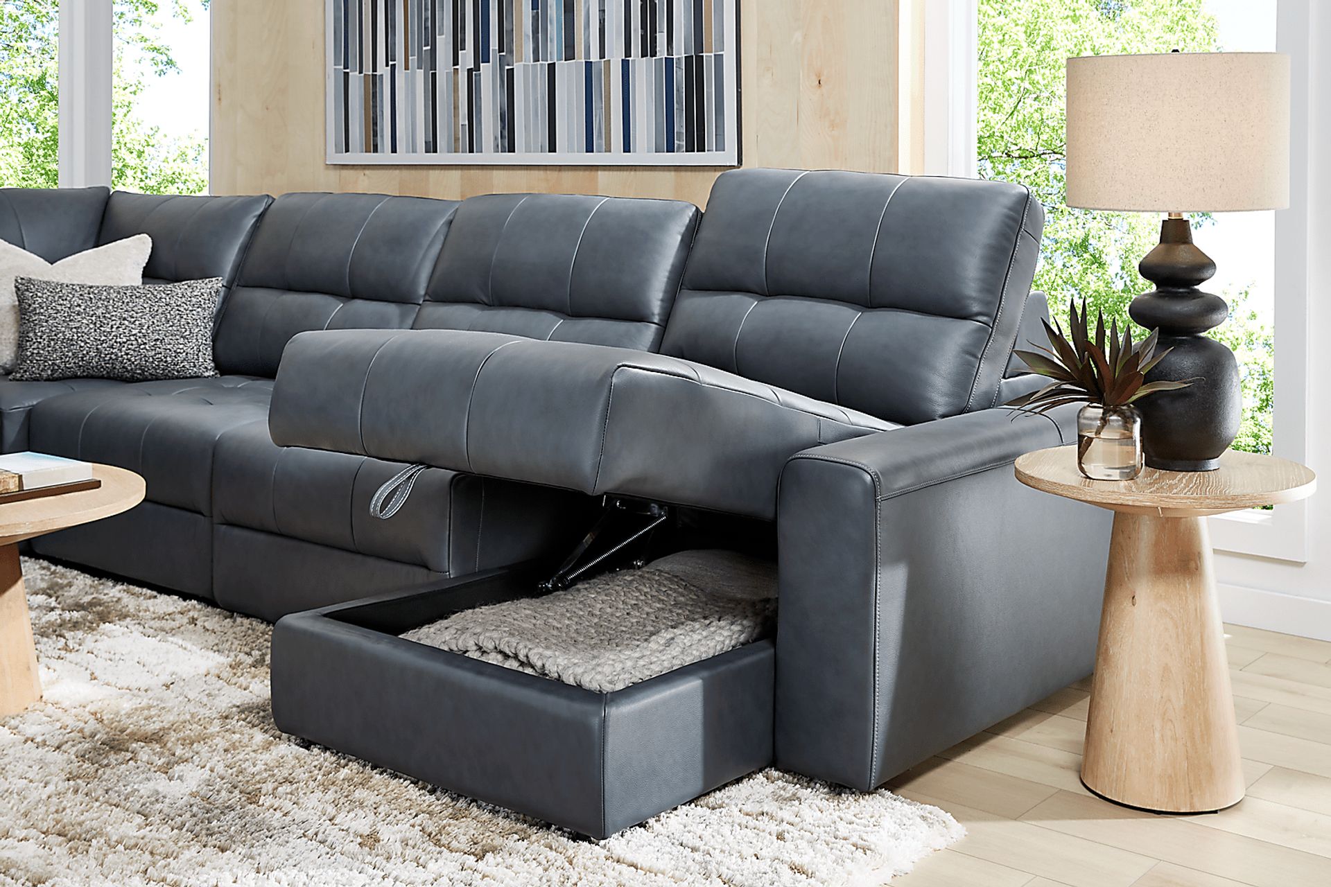 Meriwether Slate Blue Leather 5 Pc Power Slider Sectional - Image 6