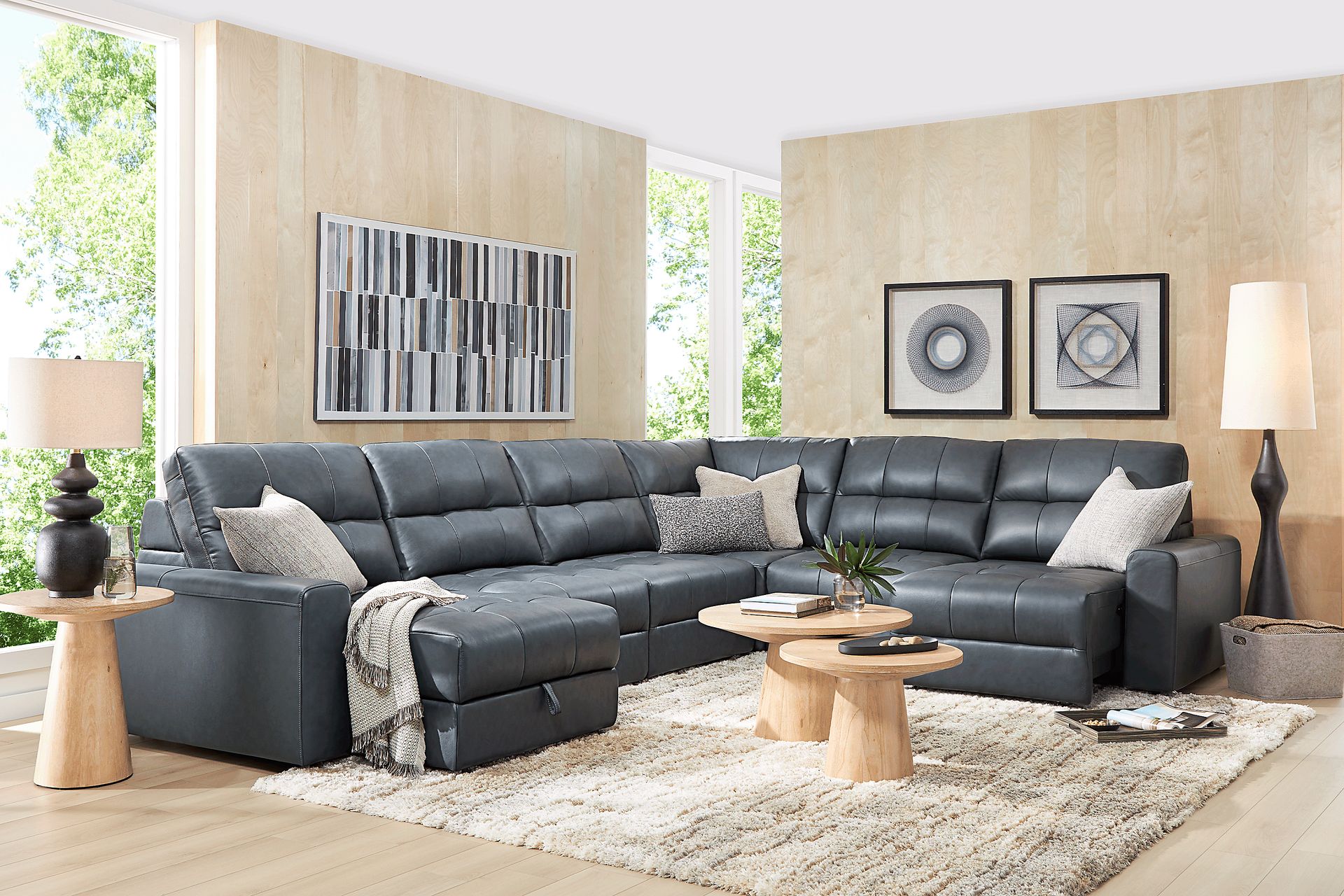 Meriwether Slate Blue Leather 6 Pc Power Slider Sectional - Image 3