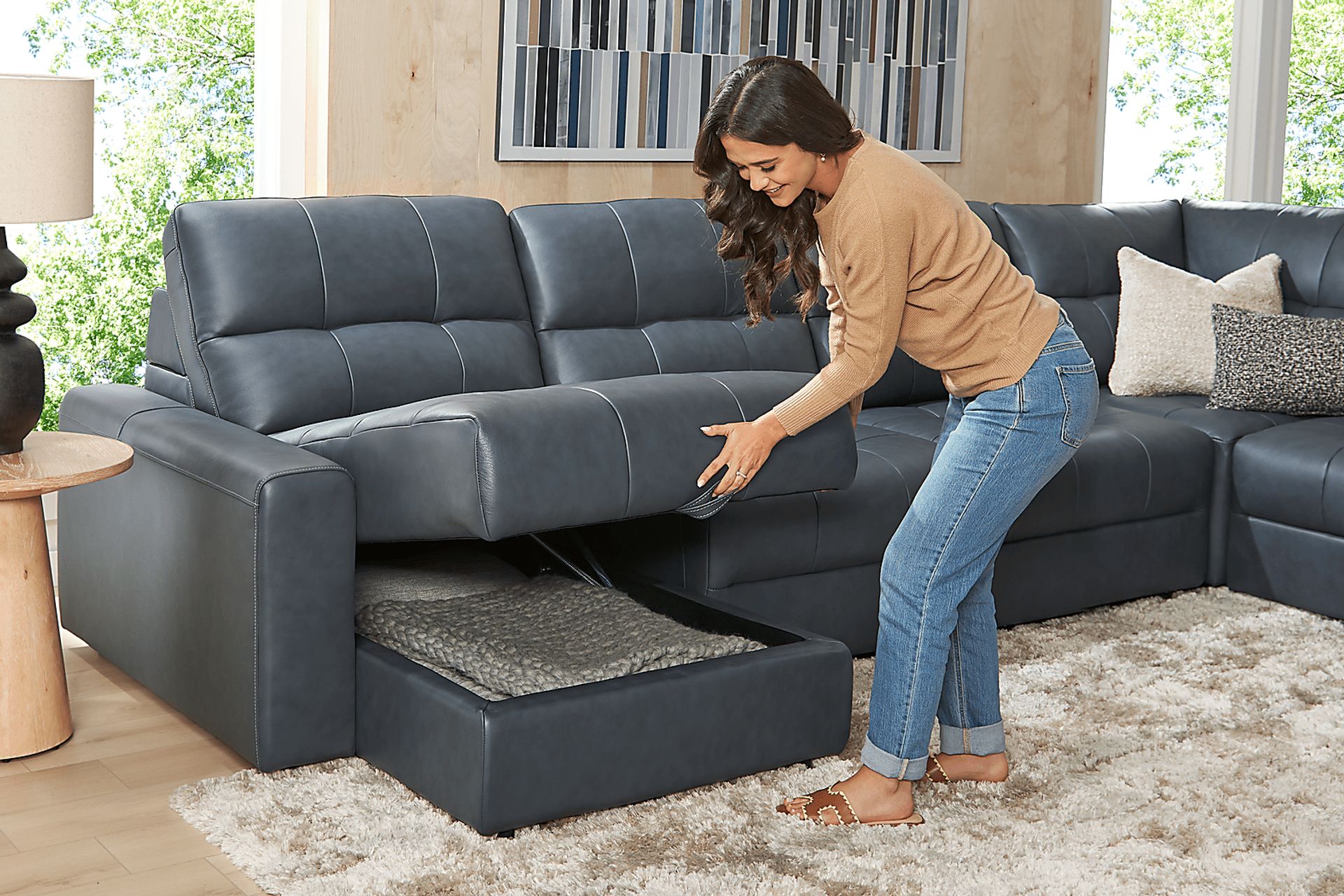Meriwether Slate Blue Leather 6 Pc Power Slider Sectional - Image 6