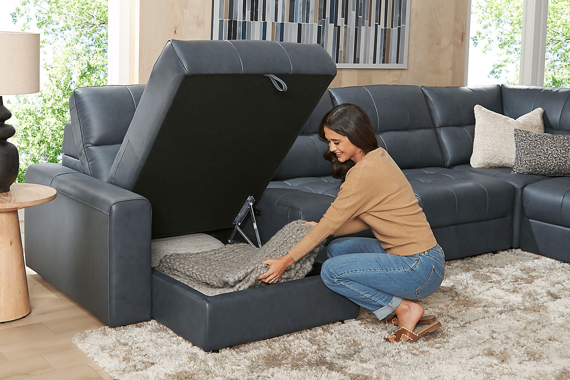 Meriwether Slate Blue Leather 6 Pc Power Slider Sectional - Image 7