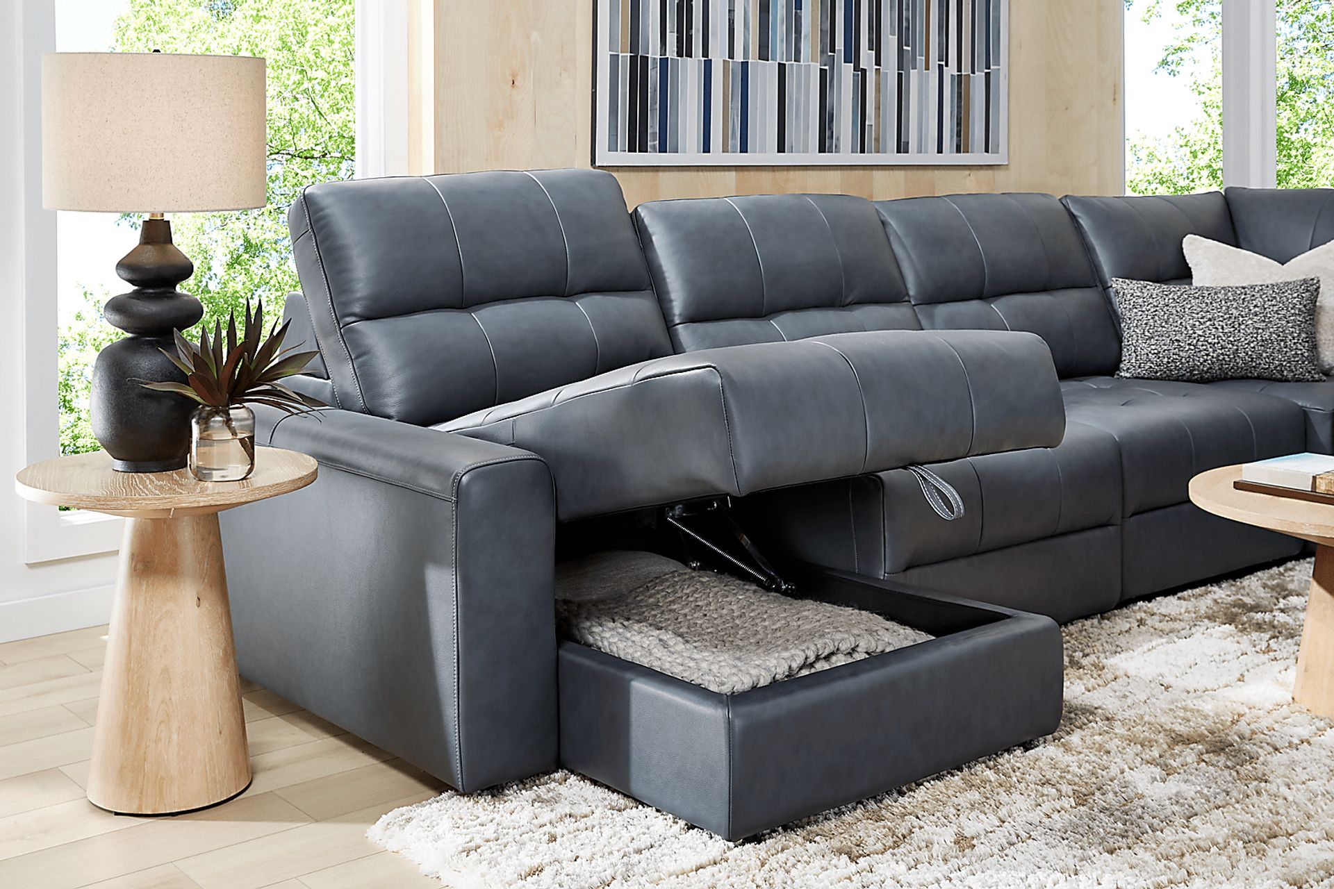 Meriwether Slate Blue Leather 6 Pc Power Slider Sectional - Image 9