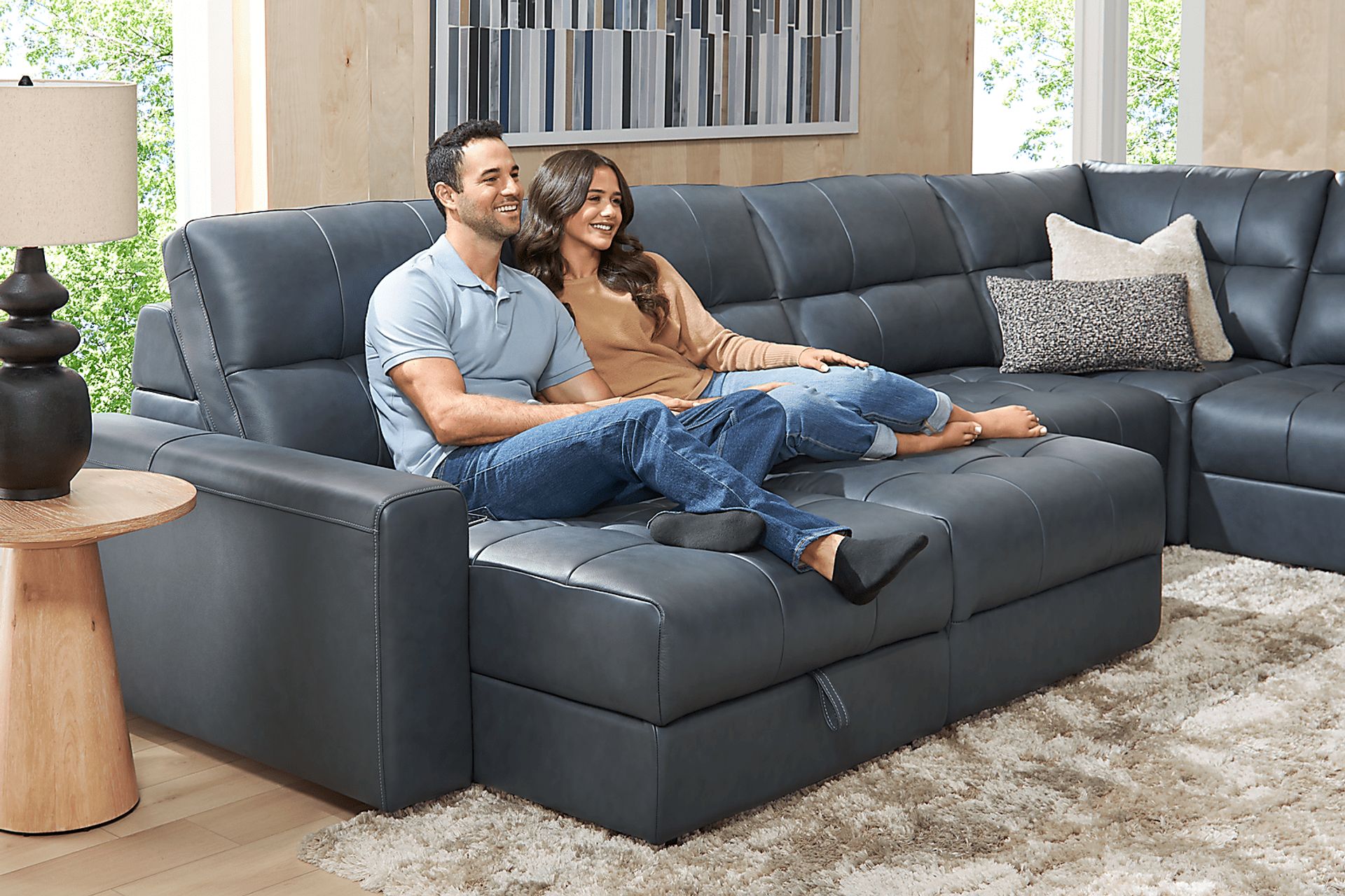 Meriwether Slate Blue Leather 6 Pc Power Slider Sectional - Image 4