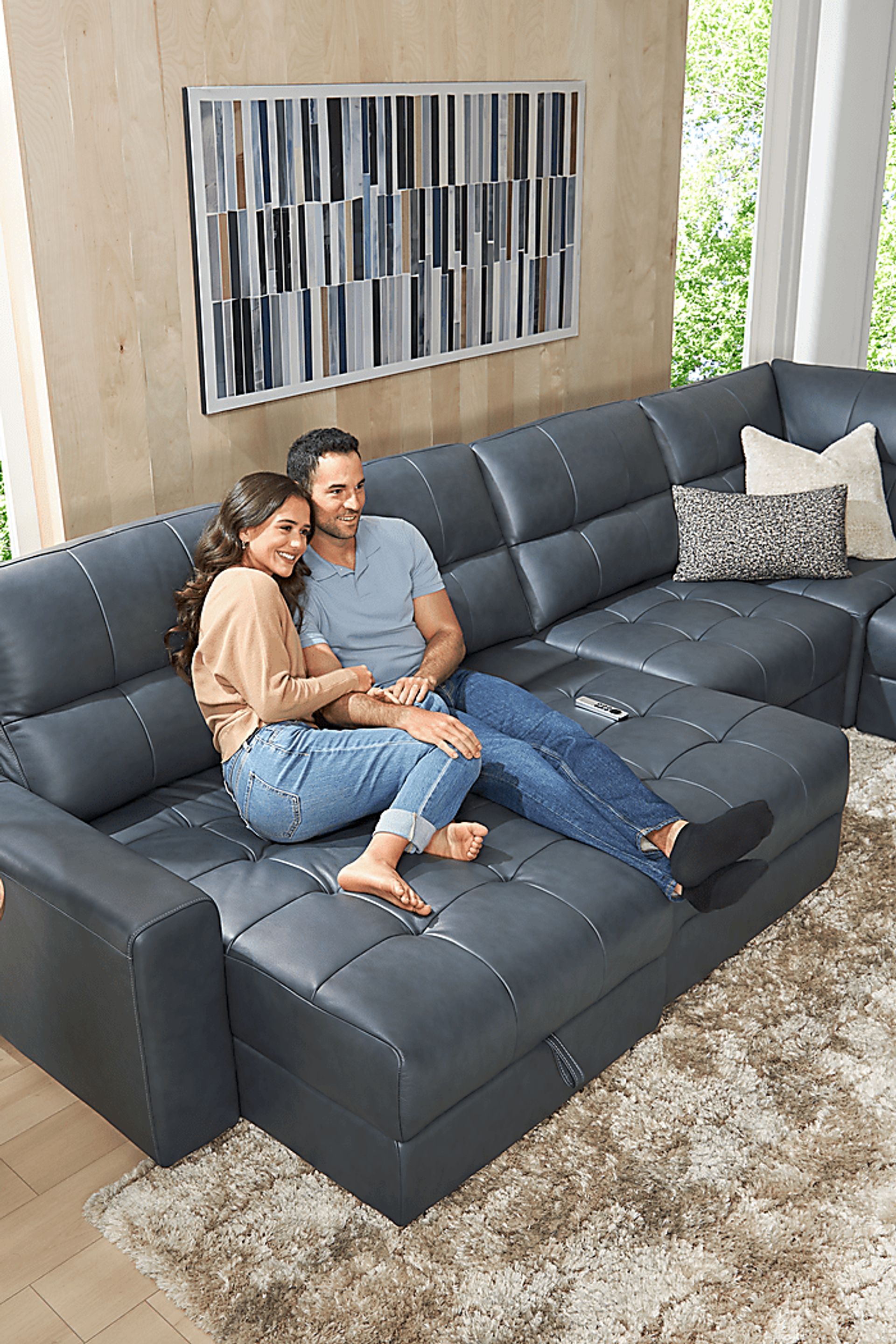 Meriwether Slate Blue Leather 6 Pc Power Slider Sectional - Image 7