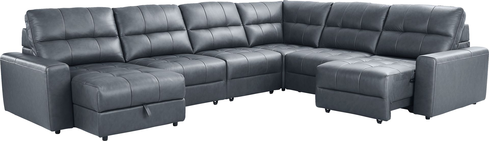 Meriwether Slate Blue Leather 6 Pc Power Slider Sectional - Image 1