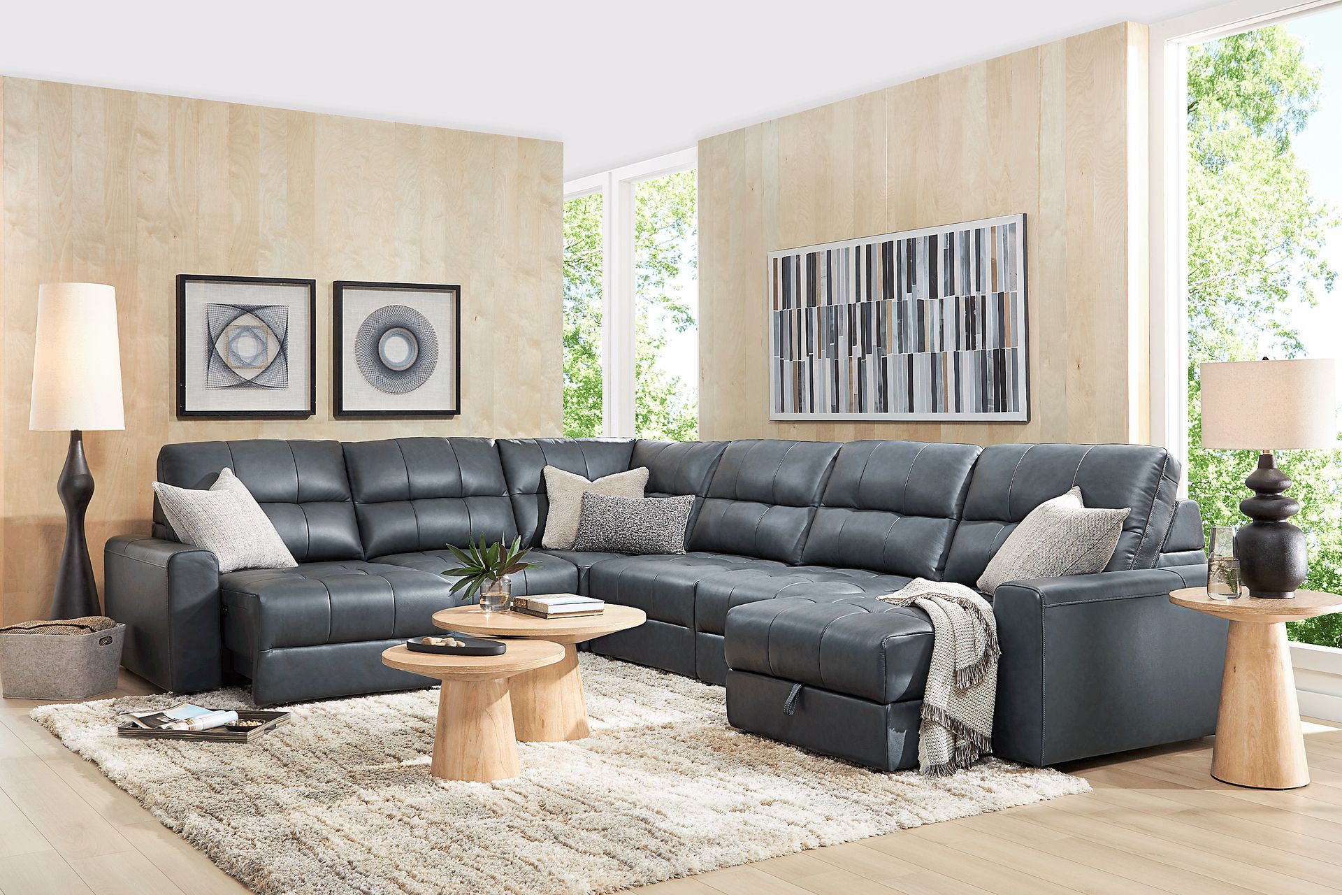 Meriwether Slate Blue Leather 6 Pc Power Slider Sectional - Image 3