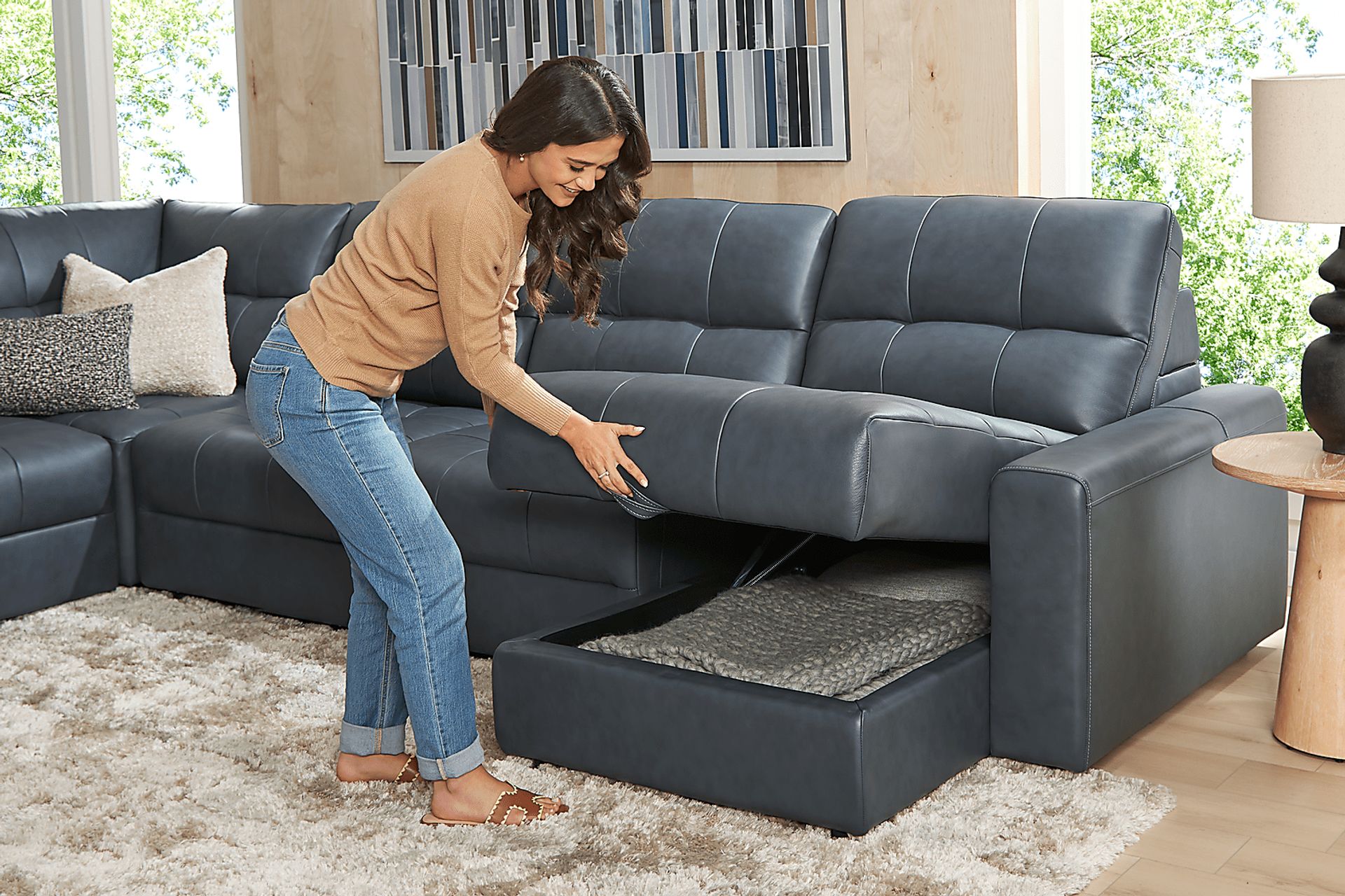 Meriwether Slate Blue Leather 6 Pc Power Slider Sectional - Image 5