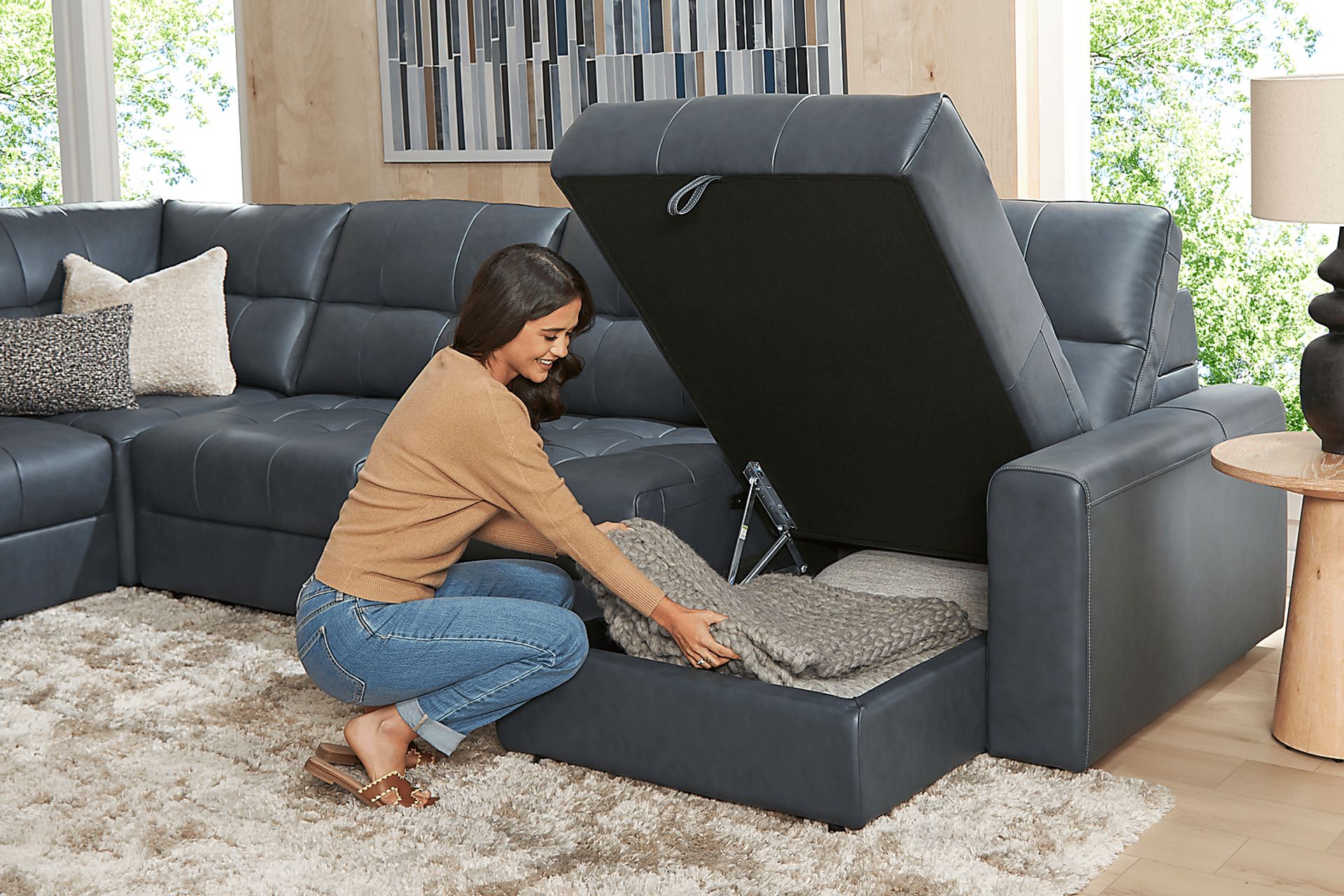 Meriwether Slate Blue Leather 6 Pc Power Slider Sectional - Image 6