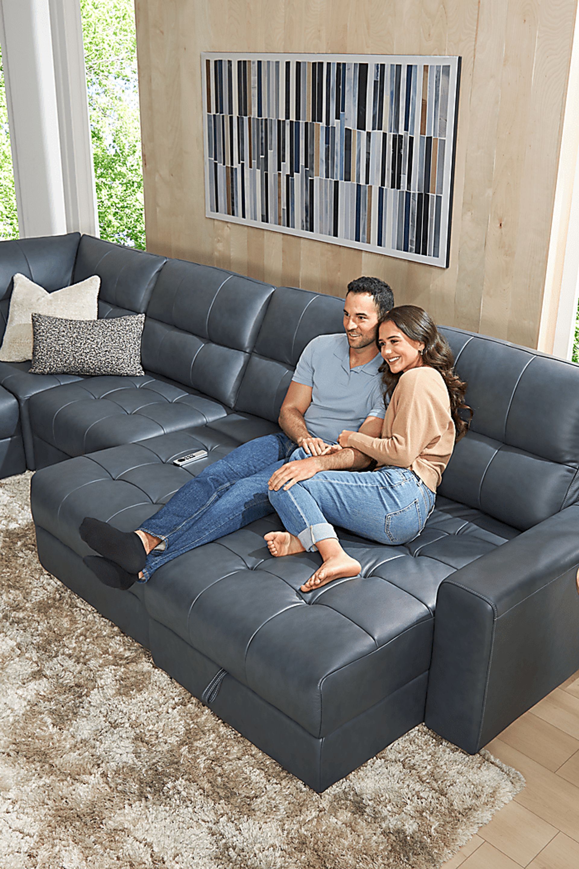 Meriwether Slate Blue Leather 6 Pc Power Slider Sectional - Image 7