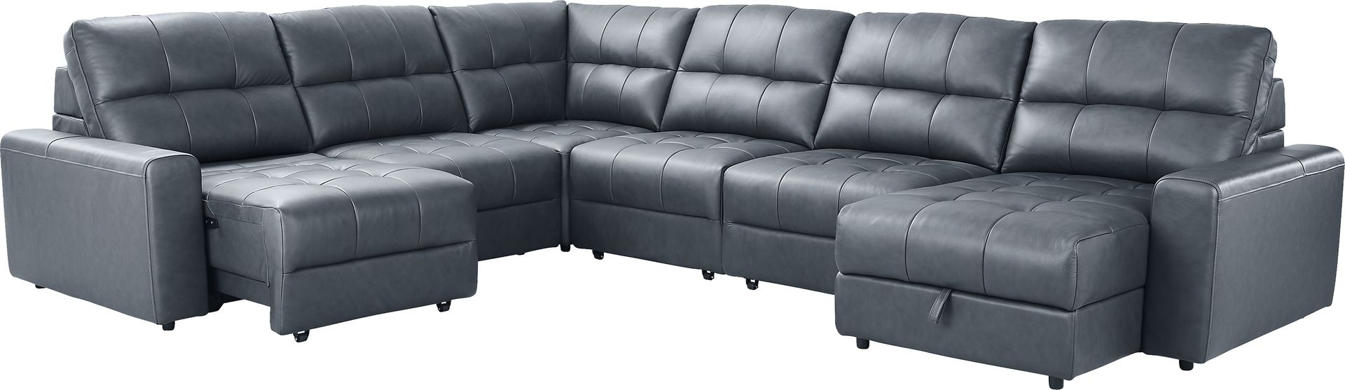 Meriwether Slate Blue Leather 6 Pc Power Slider Sectional - Image 1