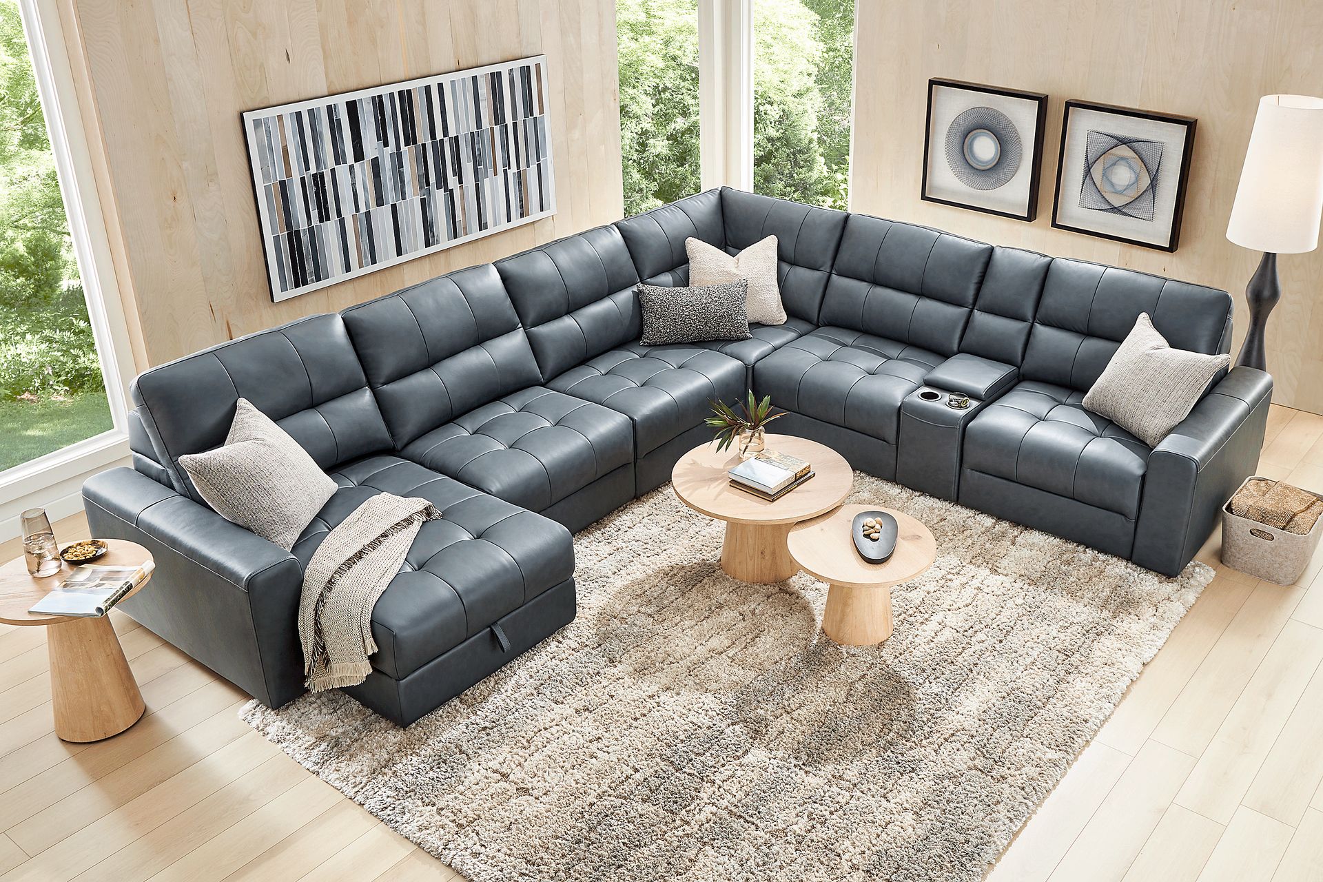 Meriwether Slate Blue Leather 7 Pc Power Slider Sectional - Image 1