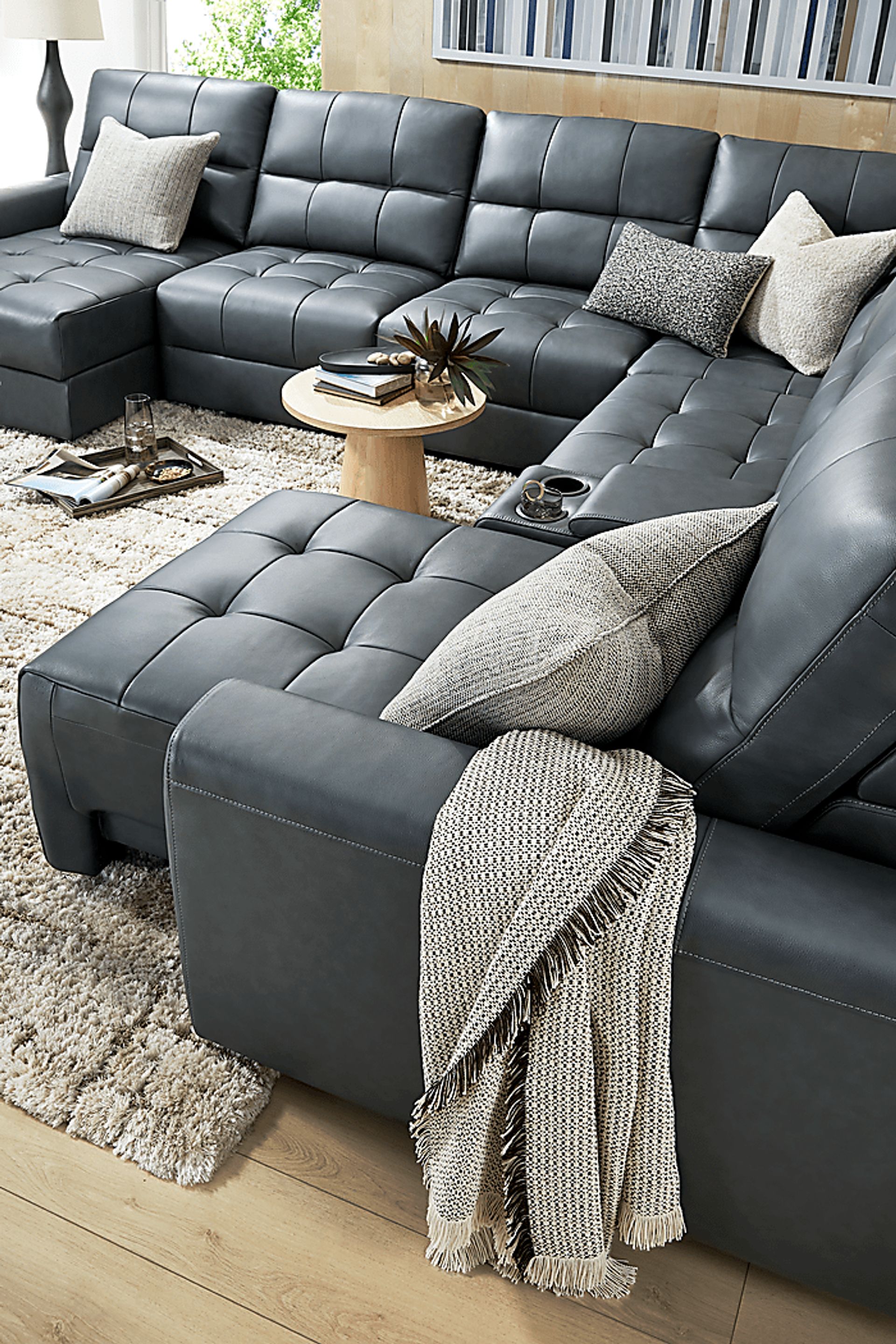 Meriwether Slate Blue Leather 7 Pc Power Slider Sectional - Image 11