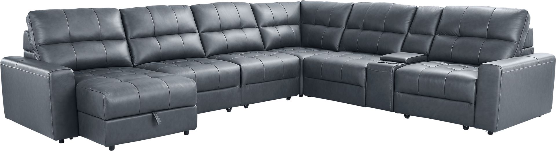 Meriwether Slate Blue Leather 7 Pc Power Slider Sectional - Image 8