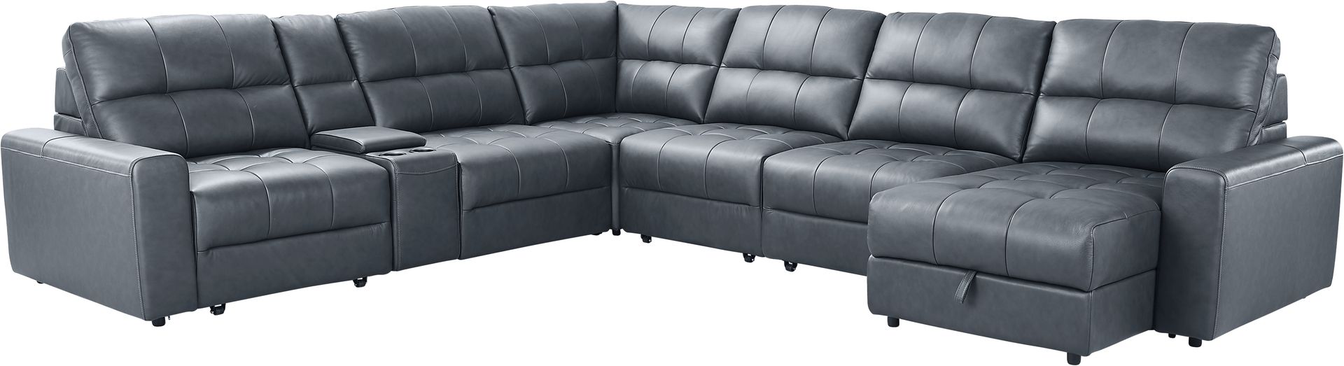 Meriwether Slate Blue Leather 7 Pc Power Slider Sectional - Image 3