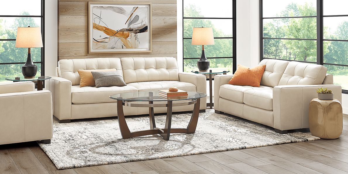 Messina 2 Pc Ivory Beige Leather Living Room Set With Sofa, Loveseat ...