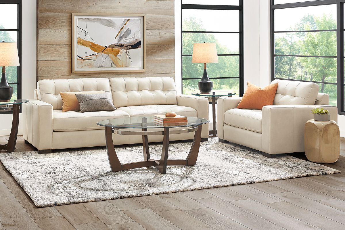 Messina 5 Pc Ivory Beige Leather Living Room Set With Sofa, Chair, 3 Pc