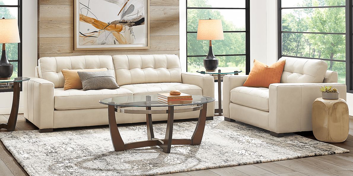 Messina 5 Pc Ivory Beige Leather Living Room Set With Sofa, Chair, 3 Pc ...