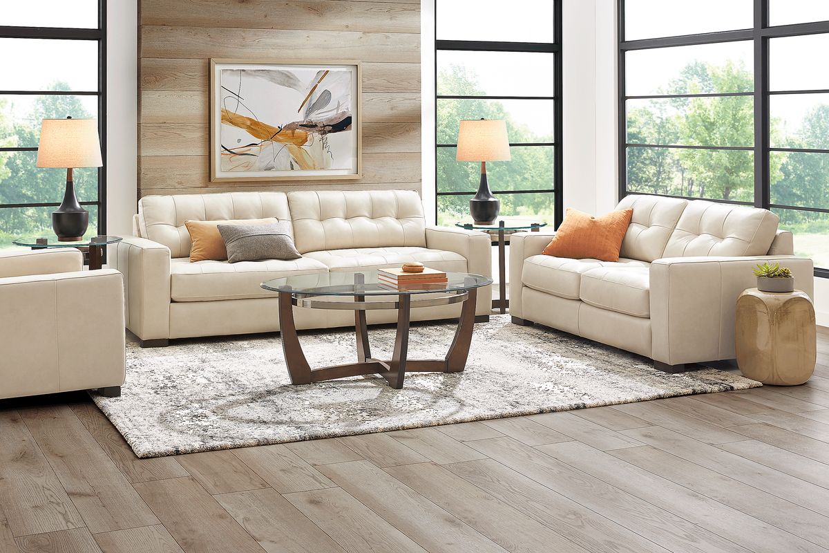 Messina 7 Pc Ivory Beige Leather Living Room Set With Sofa, Loveseat, 3 ...