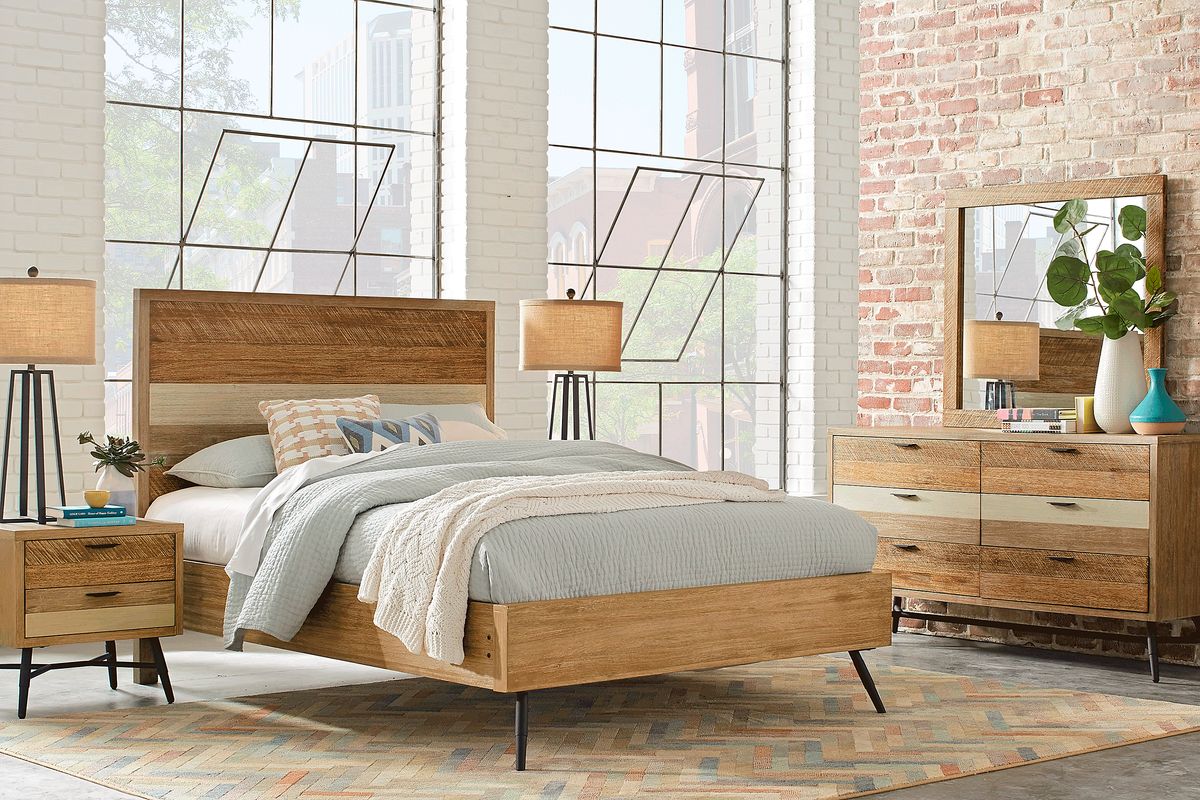 Midtown Loft 7 Pc Natural Light Wood Queen Bedroom Set With Dresser