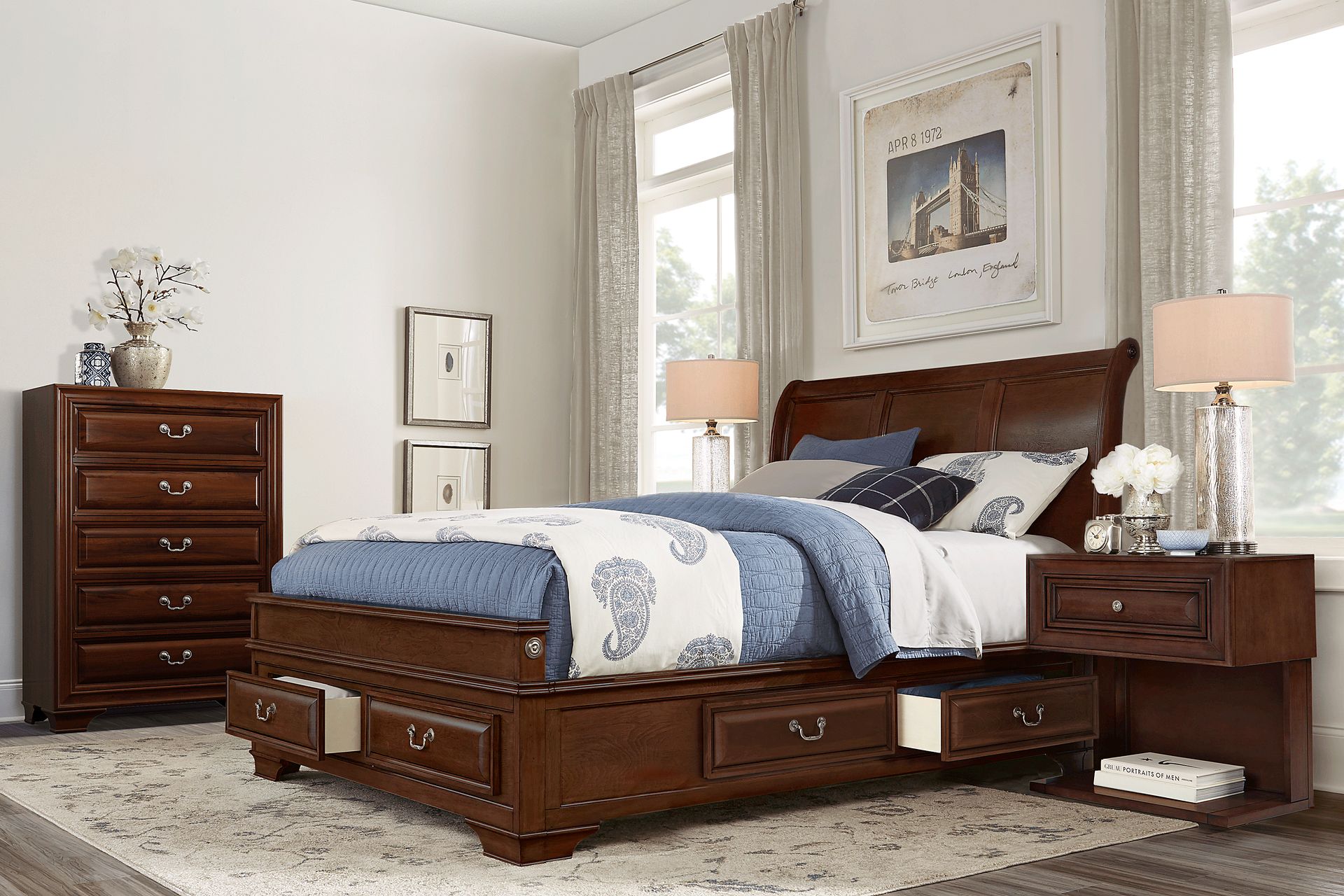Mill Valley II Brown Cherry 5 Pc Queen Sleigh Bedroom with Storage - Image 1