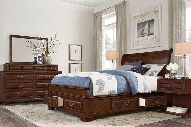 Mill Valley II Cherry 7 Pc King Sleigh Bedroom with Storage - Thumbnail - Image 1