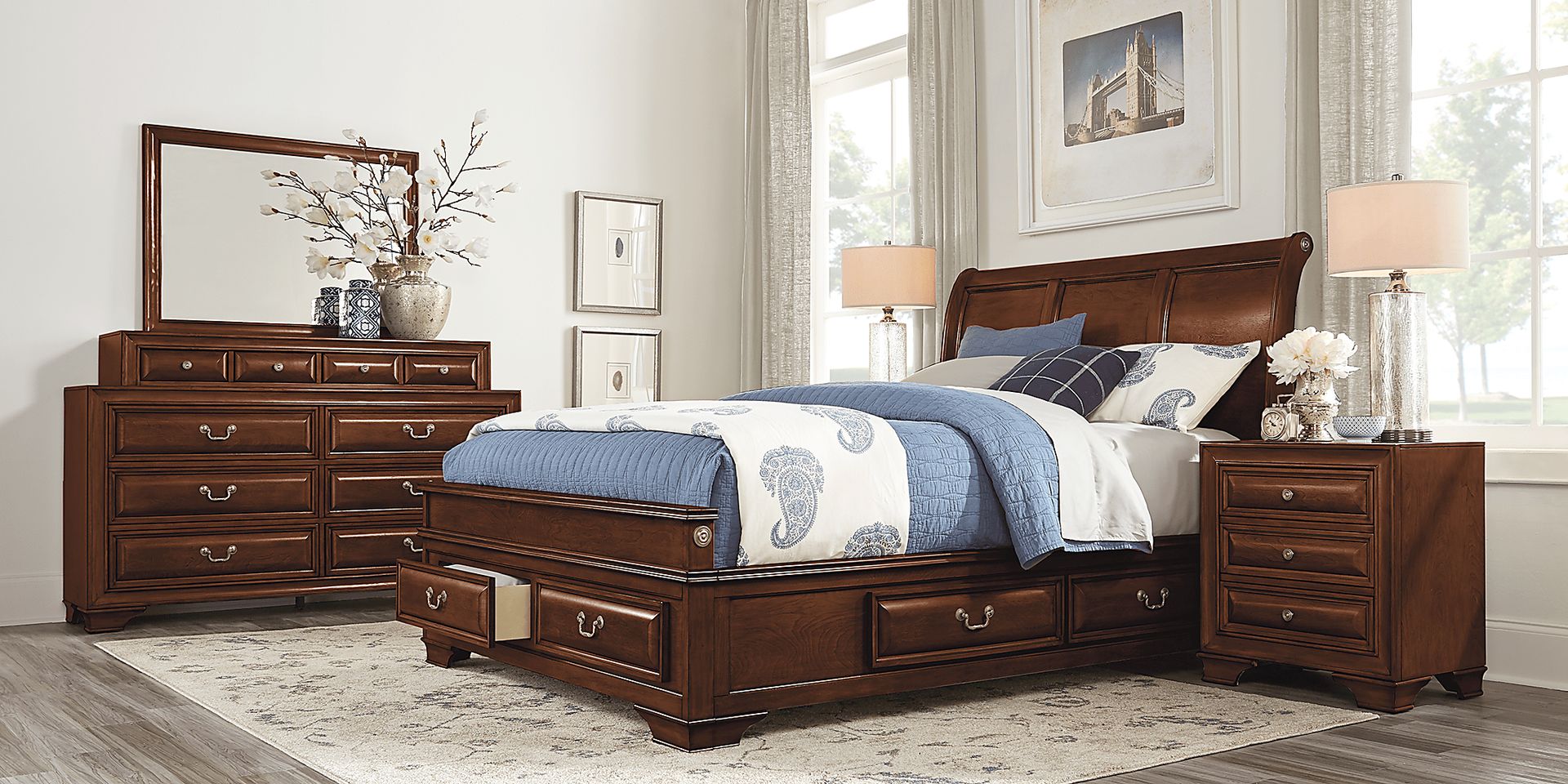 Mill Valley II Cherry 7 Pc King Sleigh Bedroom with Storage - Image 2