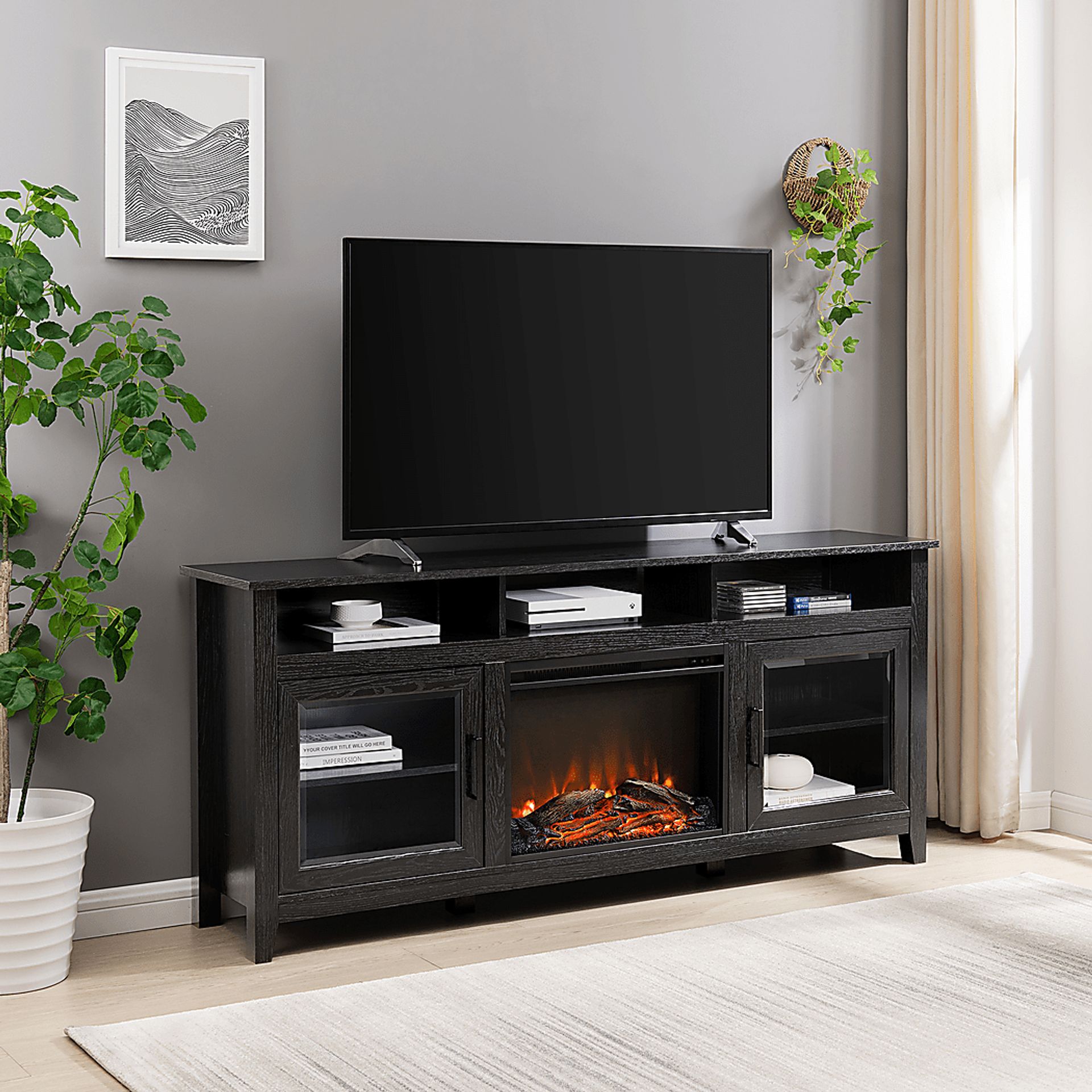 Millbrad Black 70 in. Console, With Electric Fireplace - Image 2
