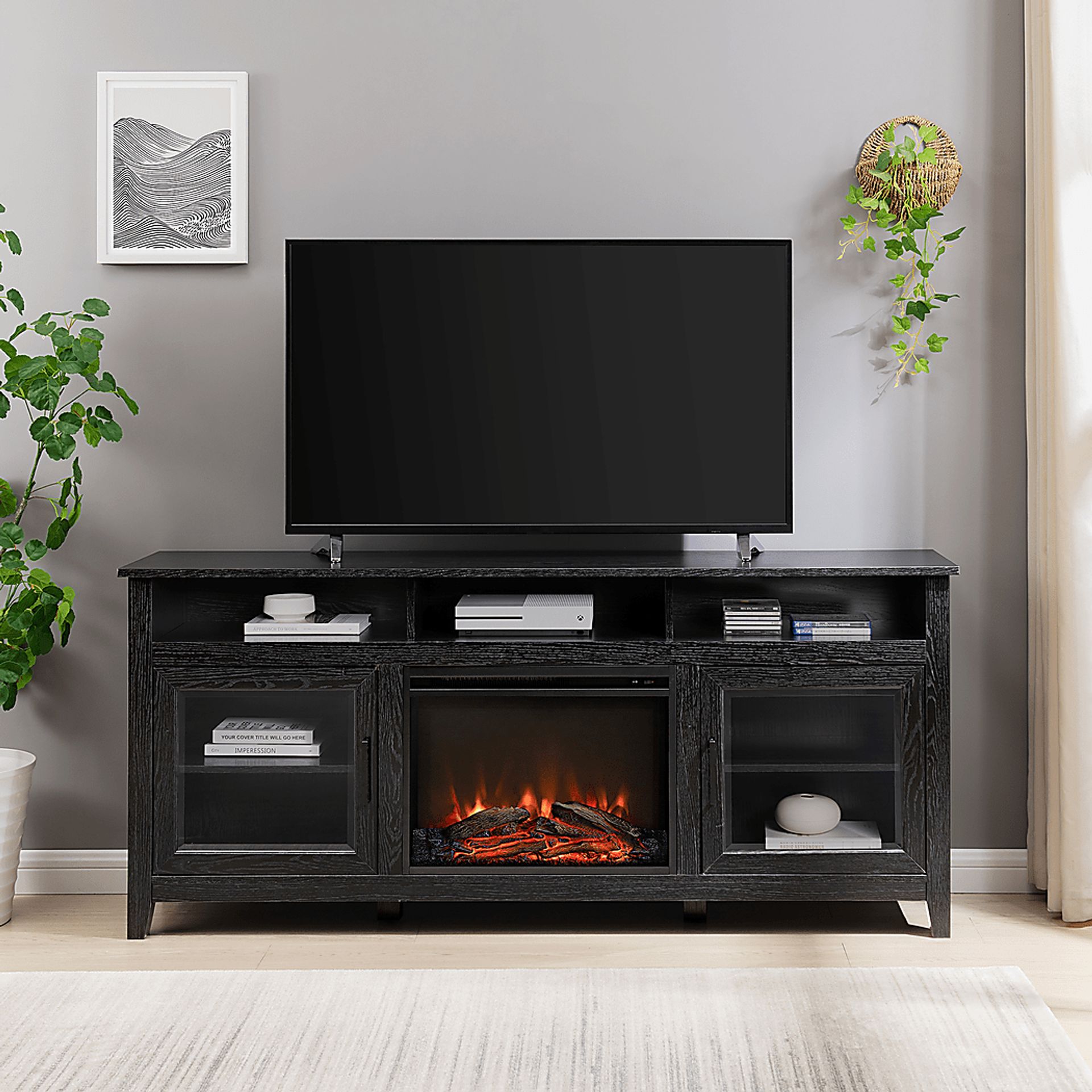 Millbrad Black 70 in. Console, With Electric Fireplace - Image 3