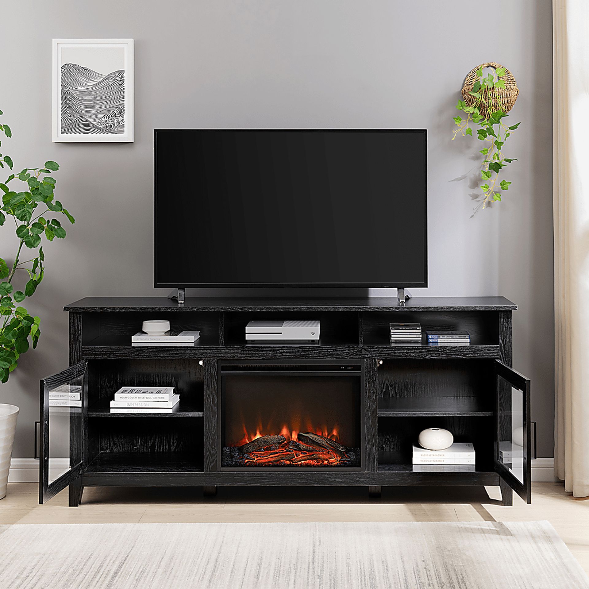 Millbrad Black 70 in. Console, With Electric Fireplace - Image 4