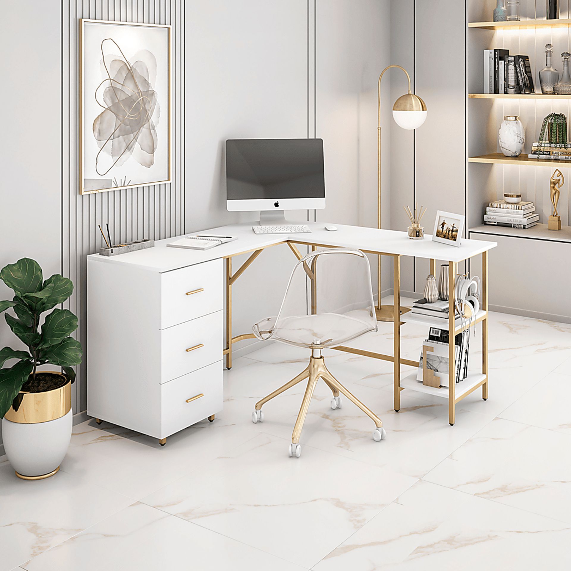 Milldes Gold L-Shaped Storage Desk - Image 2