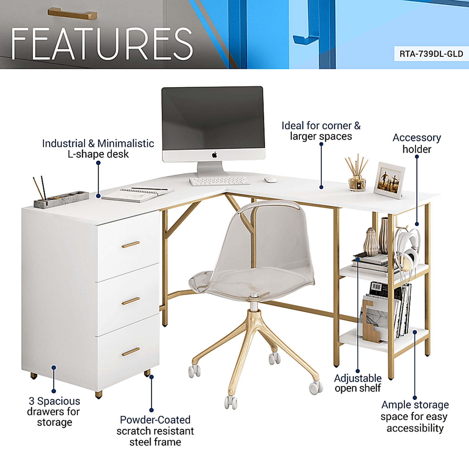 Milldes Gold L-Shaped Storage Desk - Image 3