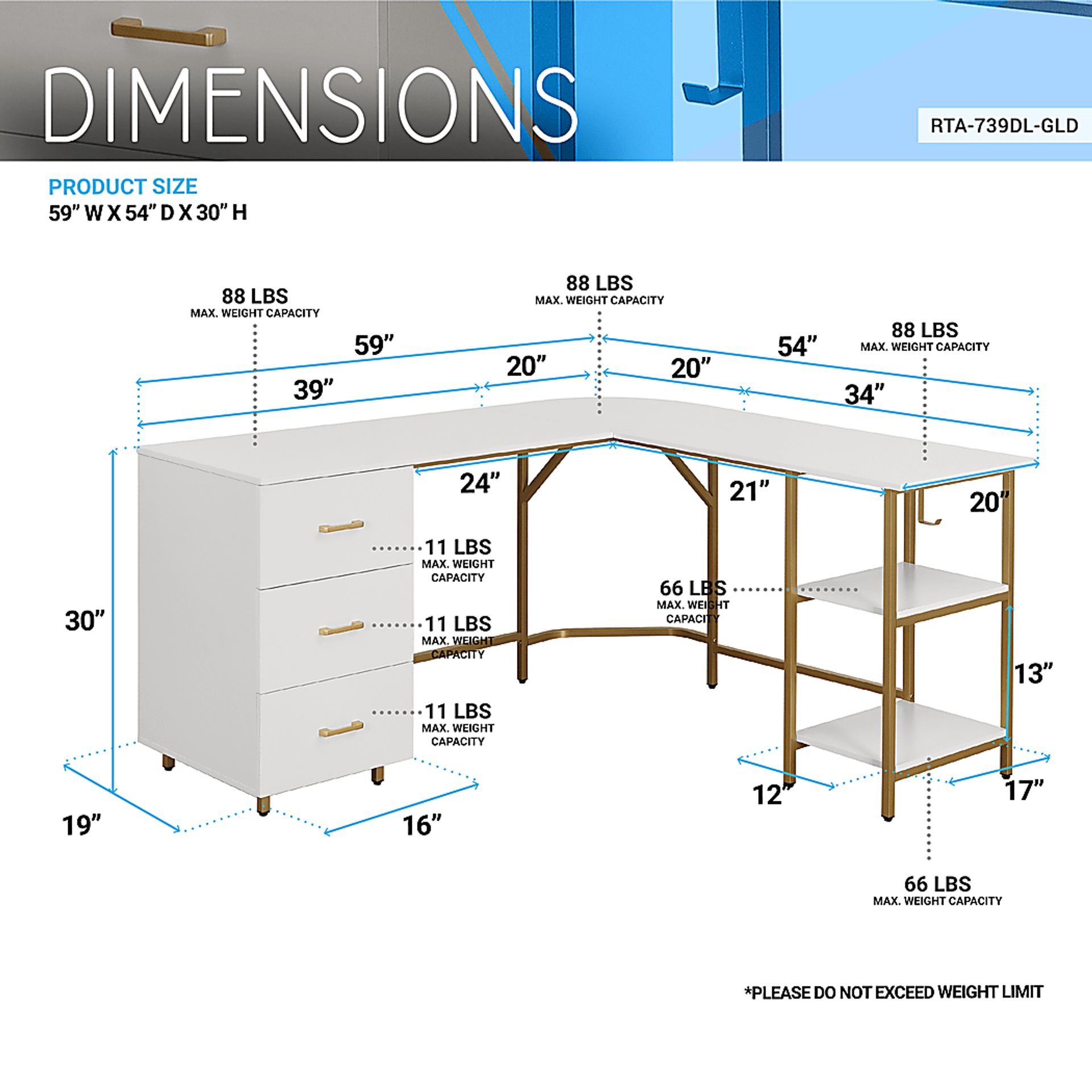 Milldes Gold L-Shaped Storage Desk - Image 4