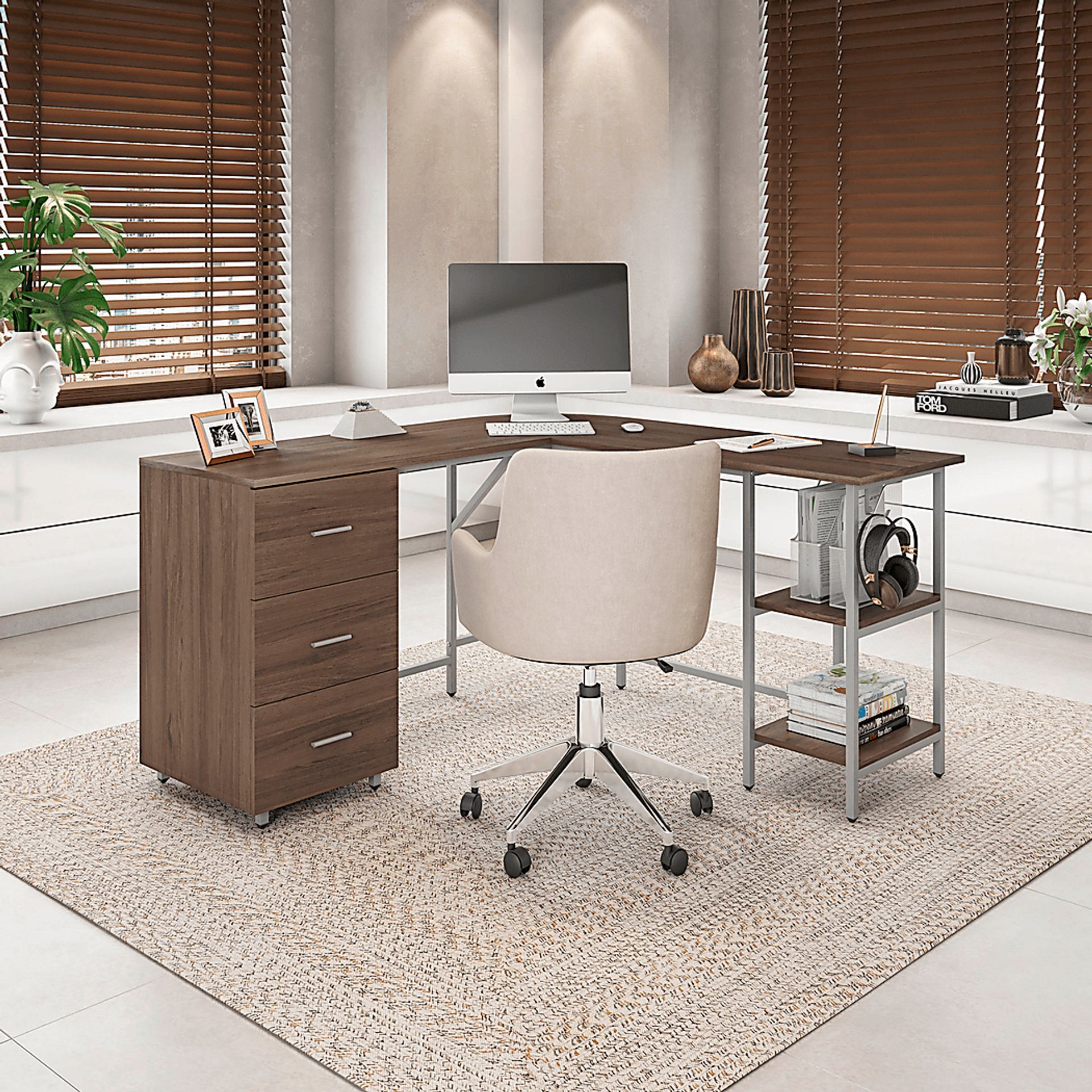 Milldes Walnut L-Shaped Storage Desk - Image 2