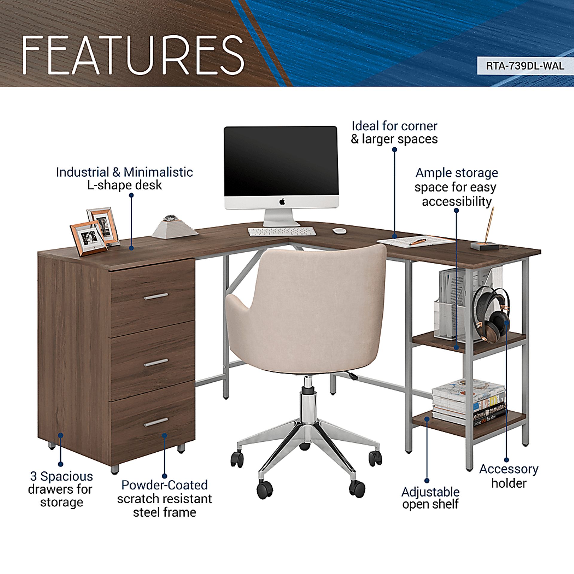 Milldes Walnut L-Shaped Storage Desk - Image 3