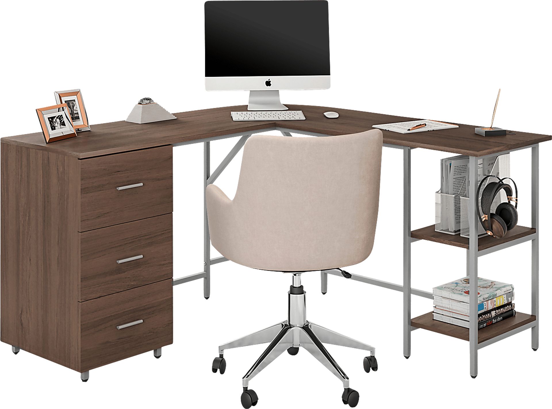 Milldes Walnut L-Shaped Storage Desk - Image 1