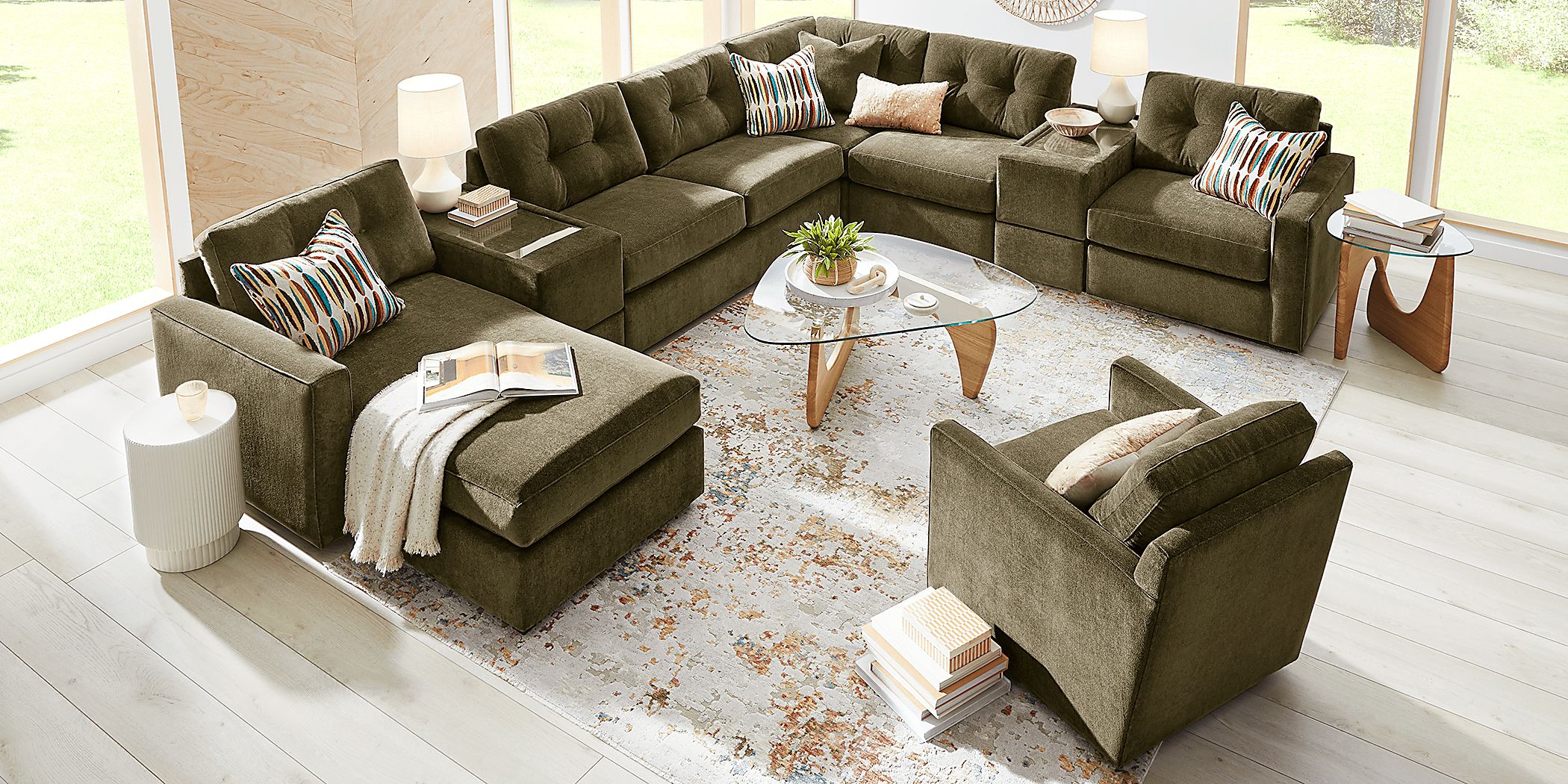 Drew & Jonathan Modularone Moss Green Chenille Fabric 7 Pc Sleeper ...